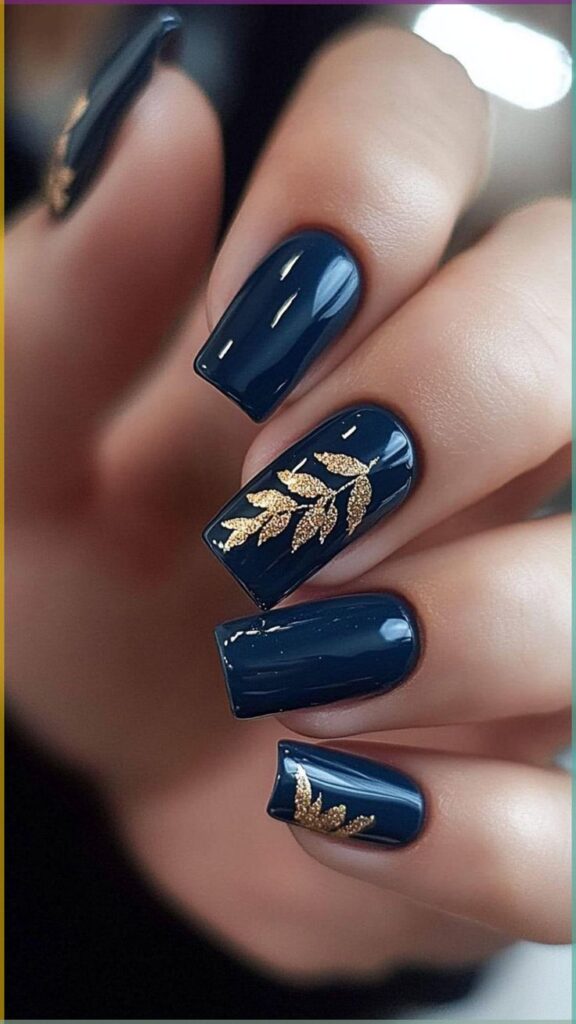 Navy Nails with Gold Leaf