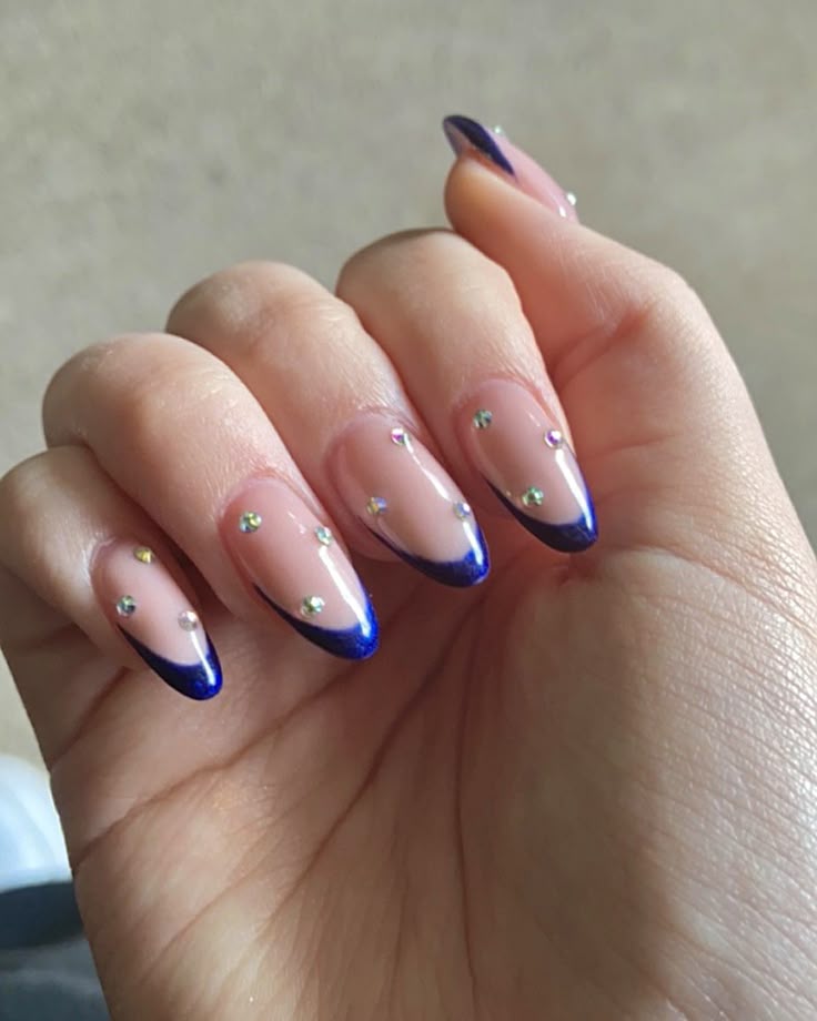 Navy Nails with Rhinestones