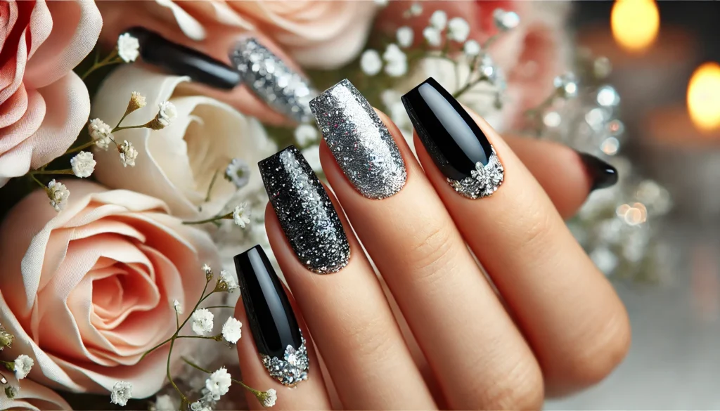  Silver Glitter Accent Nails