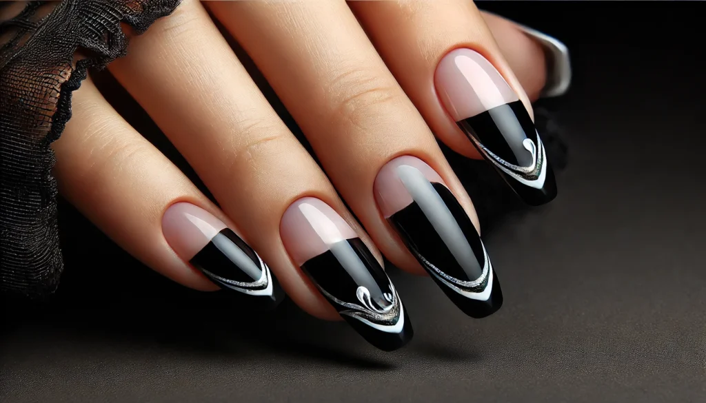 Black French Tips with Silver Lines nails