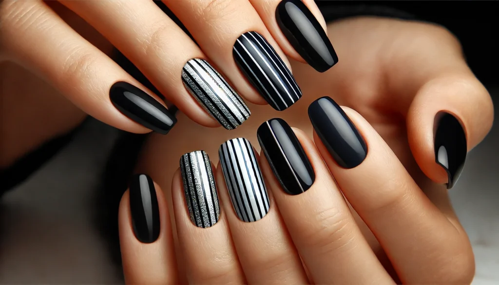  Black and Silver Stripes nails