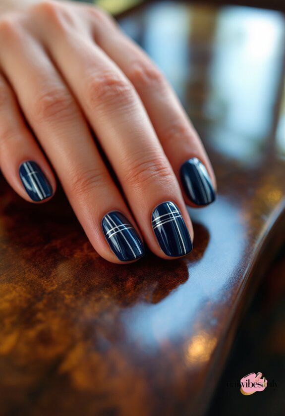 Navy Nails with Stripes