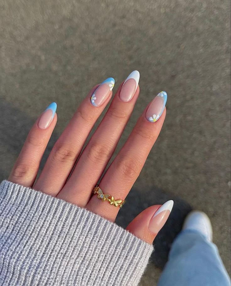 French Tips with Light Blue Daisies