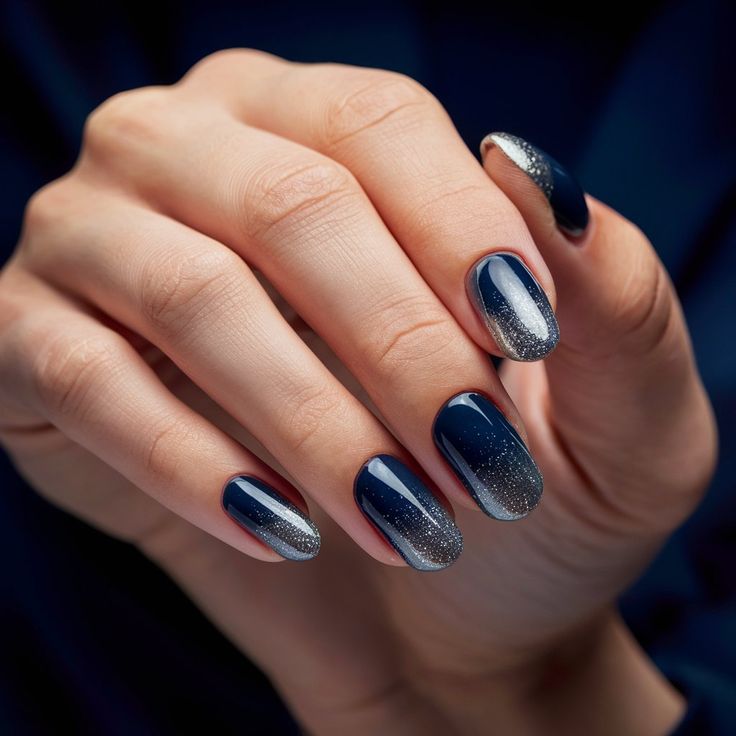 Navy Nails with Glitter Tips