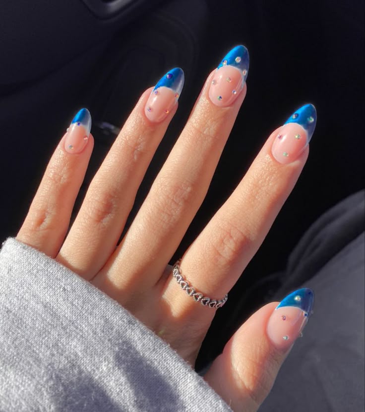 Blue French Tips with Rhinestones