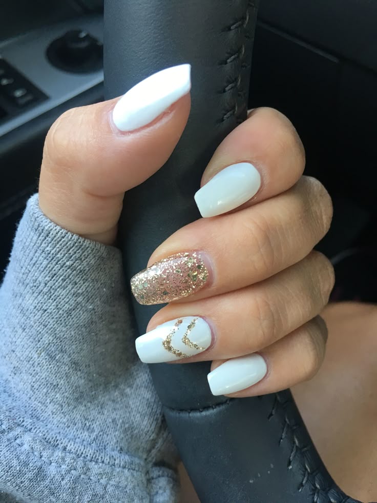 Matte White with Gold Accent Nails