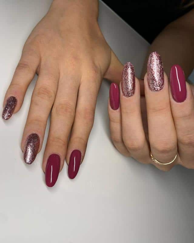 Dark Red and Rose Gold Nails