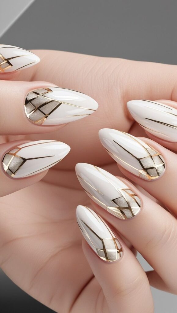 Geometric White and Gold Nail Art