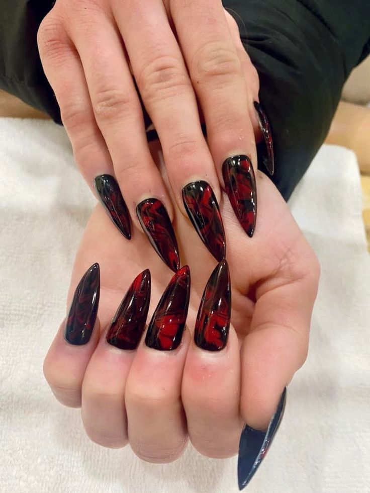 Dark Red and Black Marble Nails
