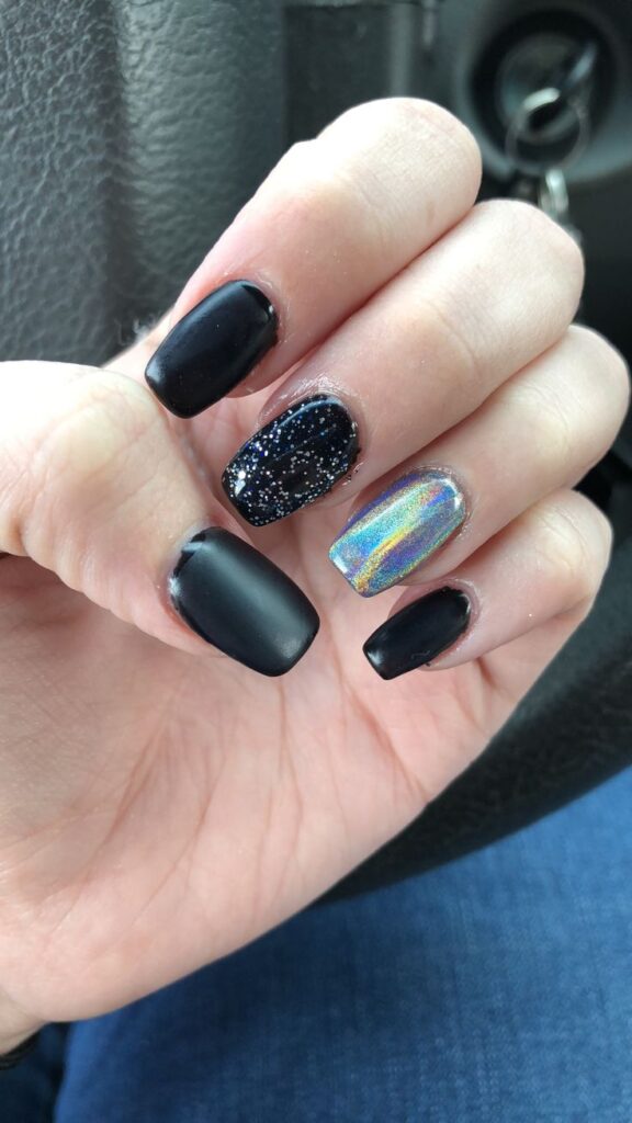 Black Nails with Holographic Glitter