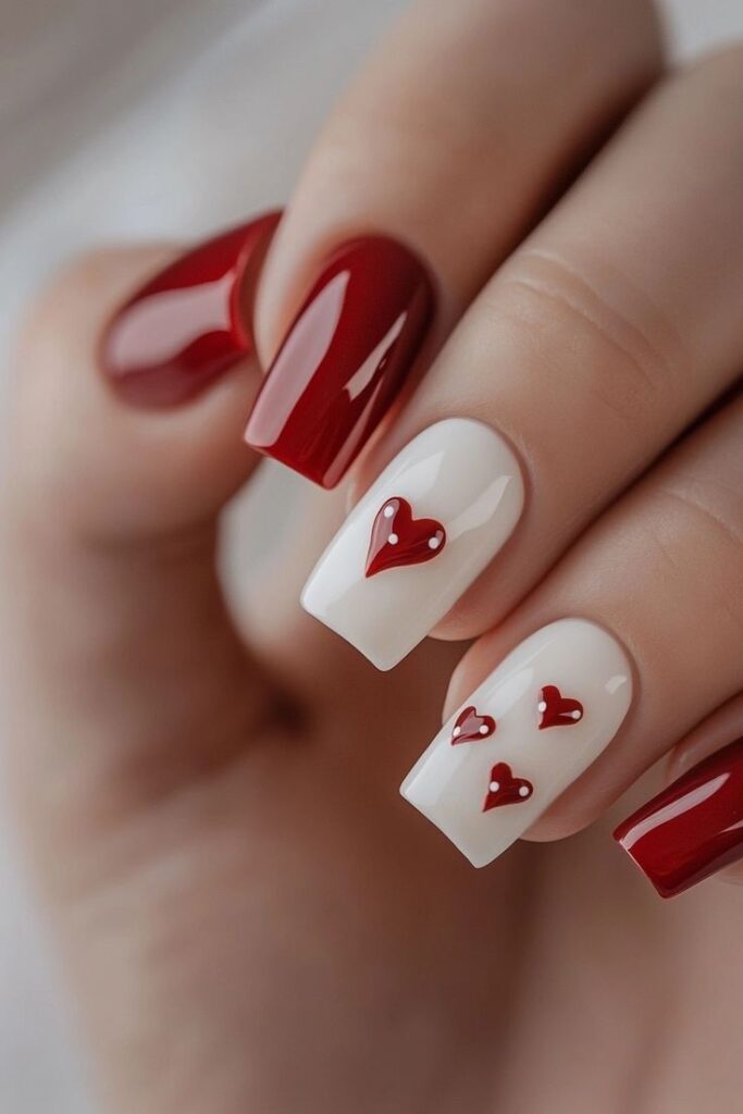 Red Nails with White Accents