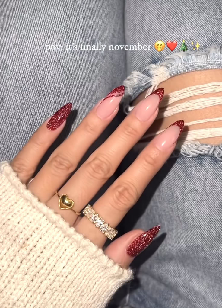 Red Nails with Glitter Tips
