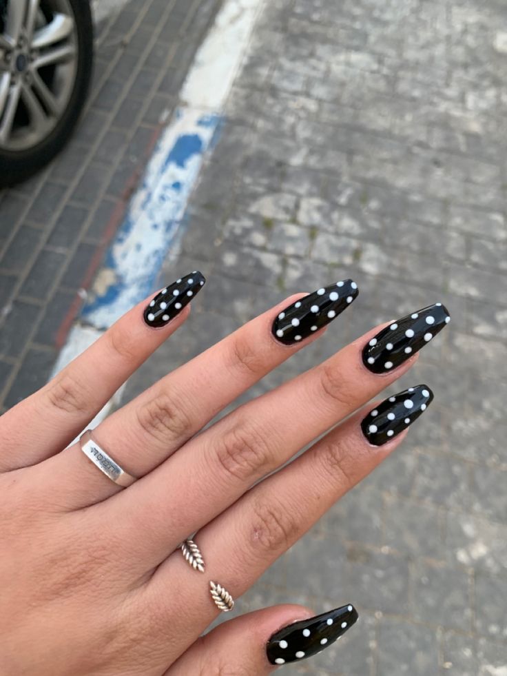Black Nails with Dotted Designs