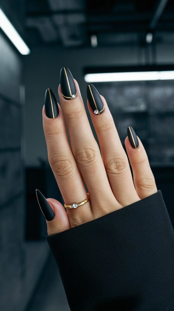 Black Nails with Rhinestone Accents