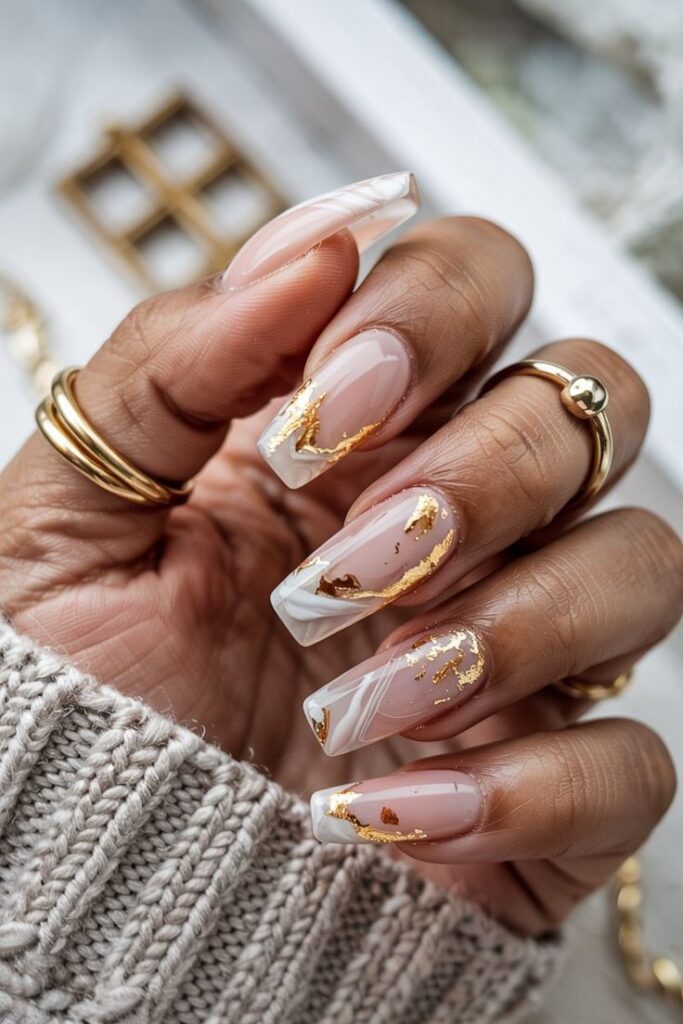 Gold Foil Accents on White Nails