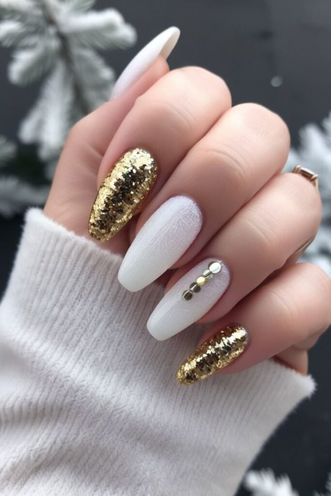 Gold Glitter Tips on White Nails