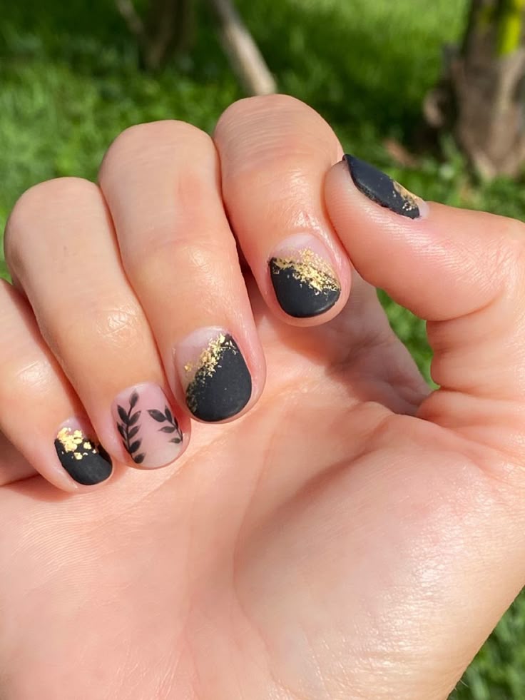 Black Nails with Gold Leaf