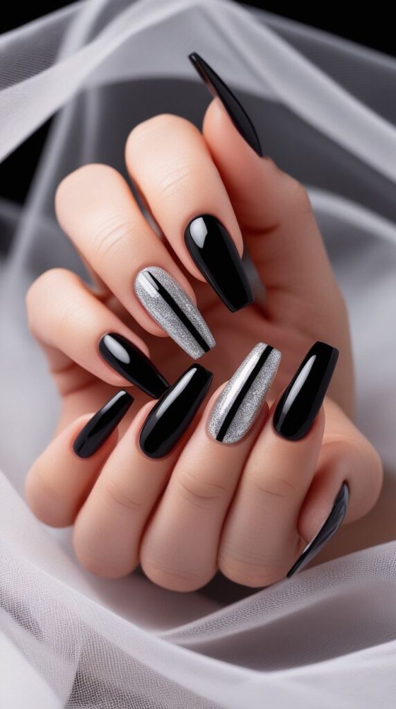 Black Nails with Silver Accents