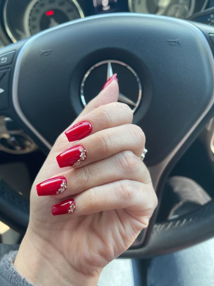 Red Nails with Rhinestone Accents