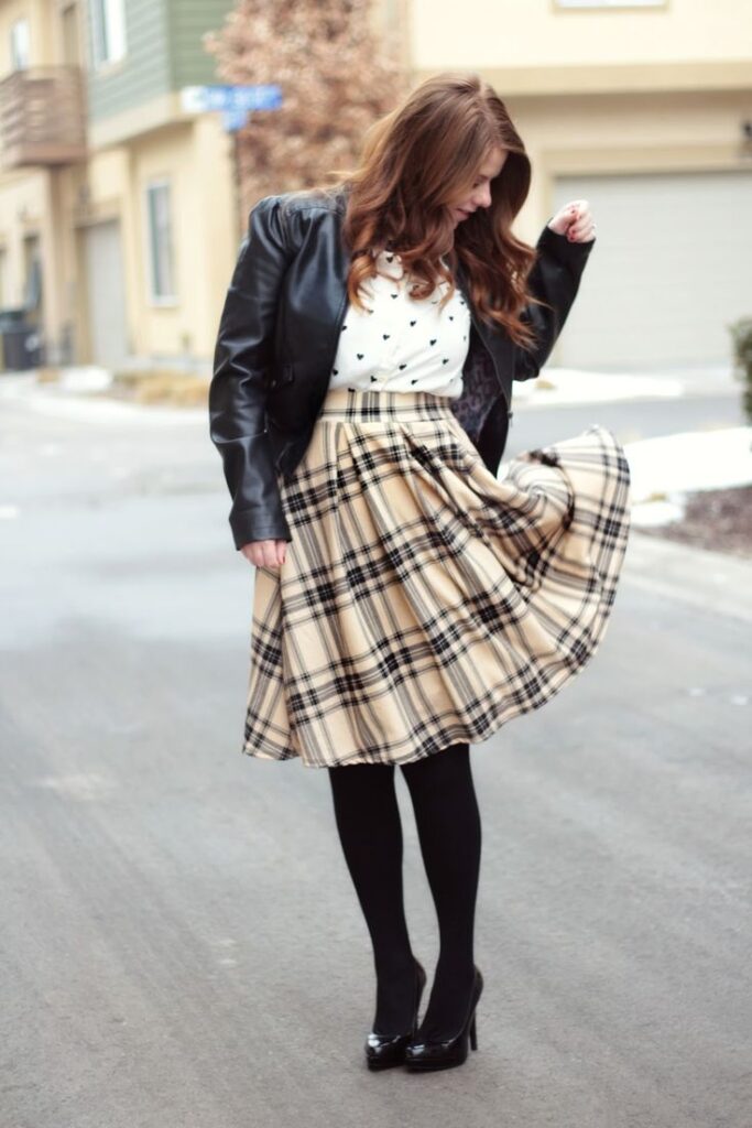 Puffer Jacket and Plaid Skirt