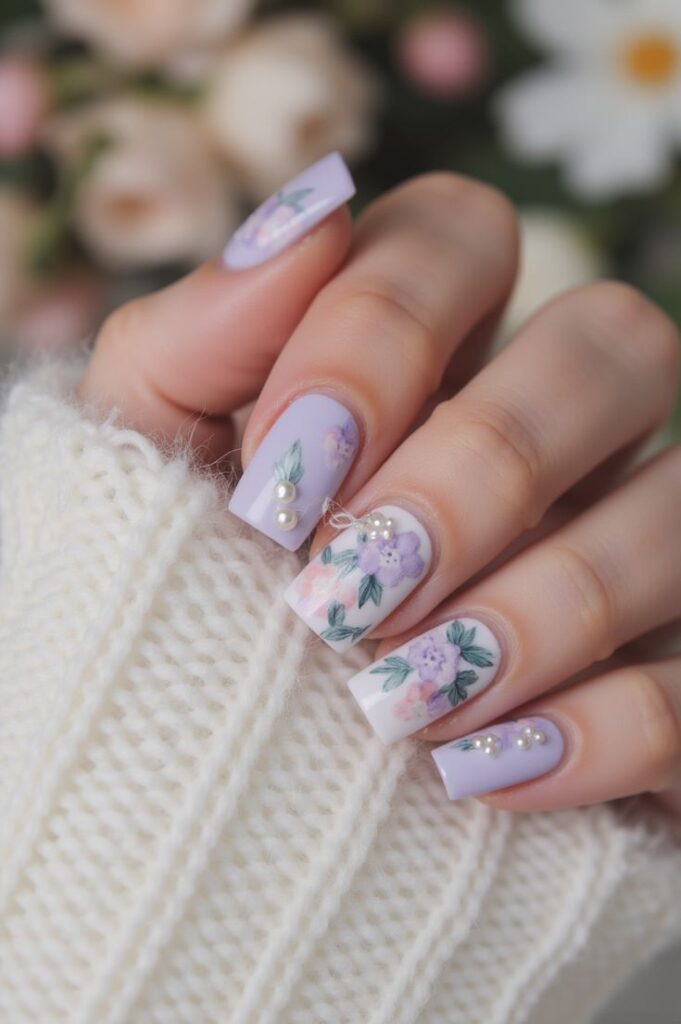Soft Lavender Nails with Pearl Accents
