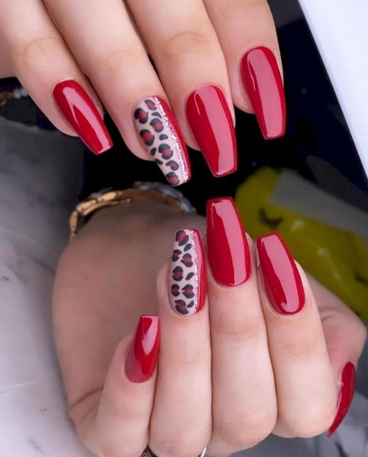 Red Nails with Animal Print