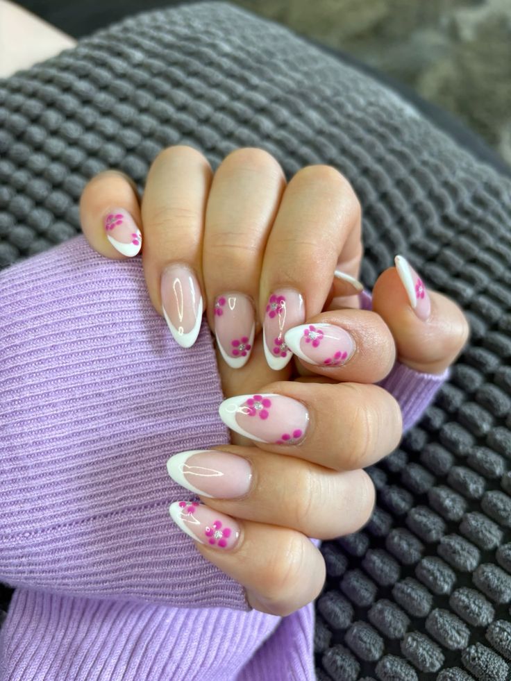 Floral French Tip Almond Nails