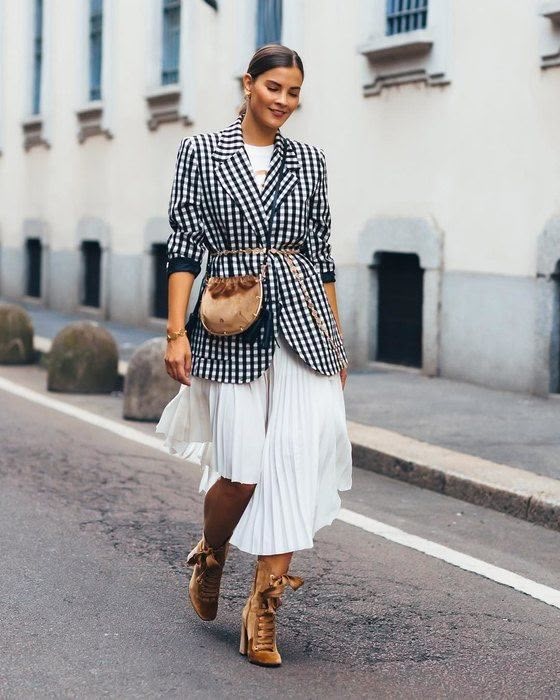 Checkered Blazer and Midi Skirt