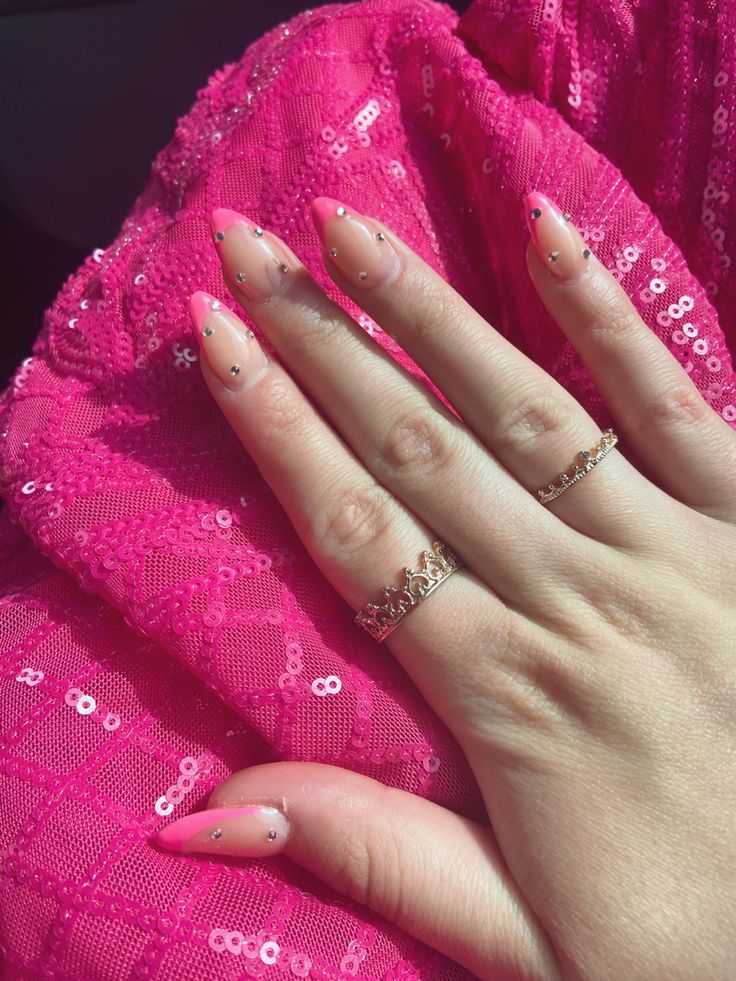 Pink French Tips with Rhinestones