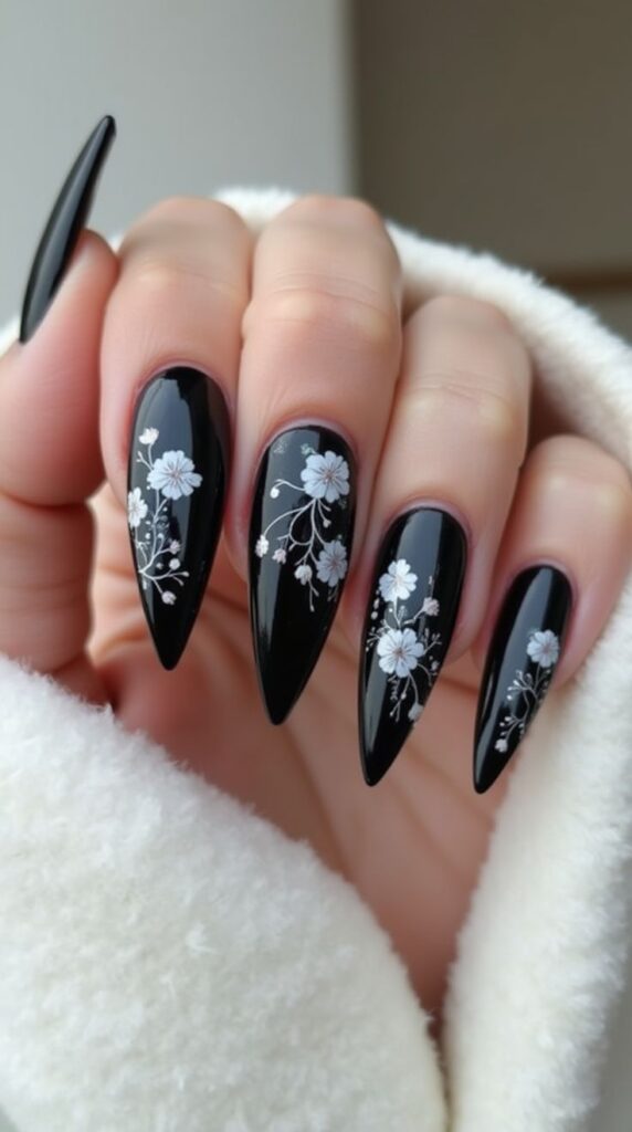 Black Nails with Floral Designs