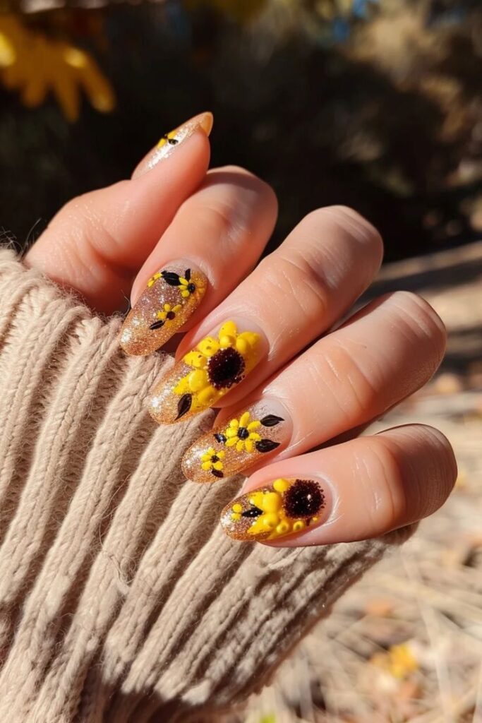 Long Coffin Sunflower Nails