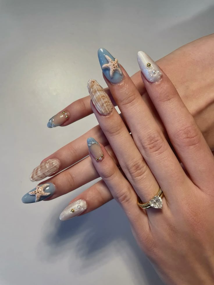 Mermaid Themed Nails with Starfish