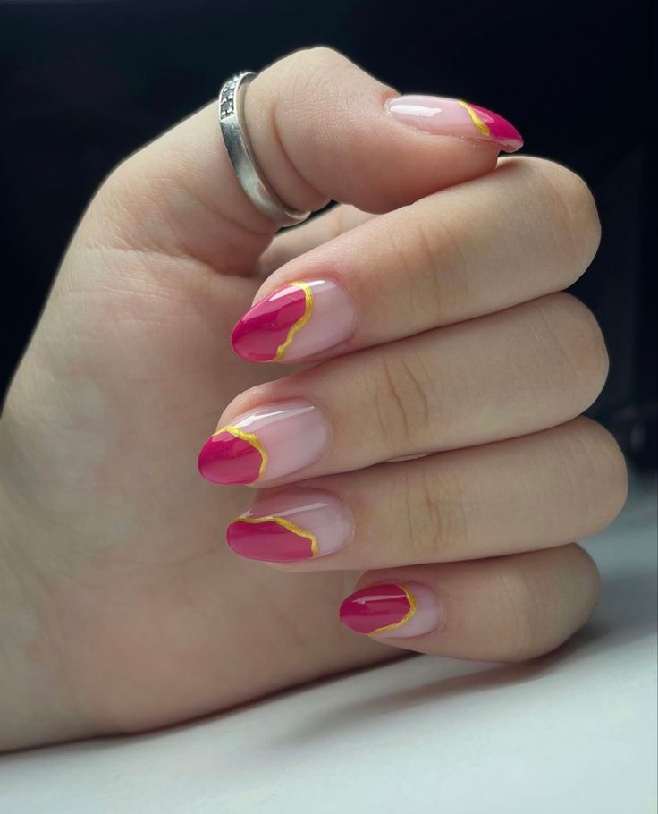 Hot Pink Nails with White Tips and Gold Design