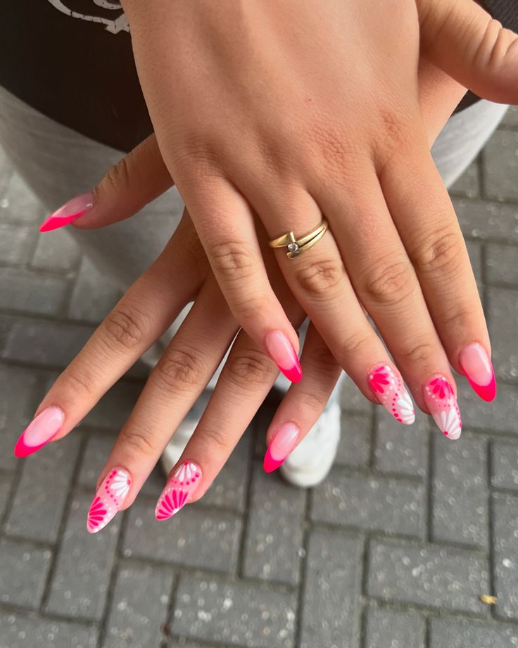 Hot Pink Nails with Flowers