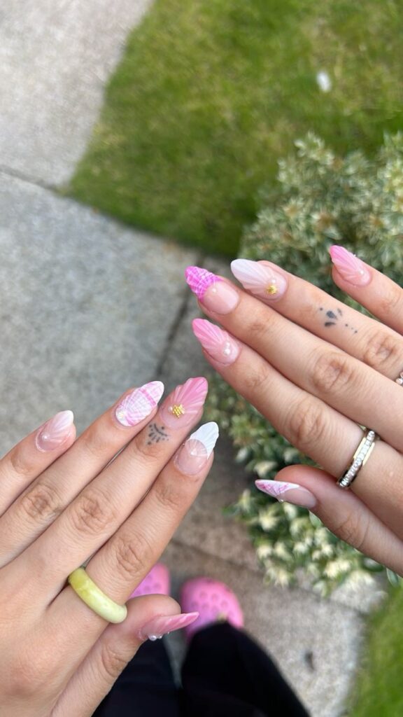 Pink Beach Nails with Shell Designs