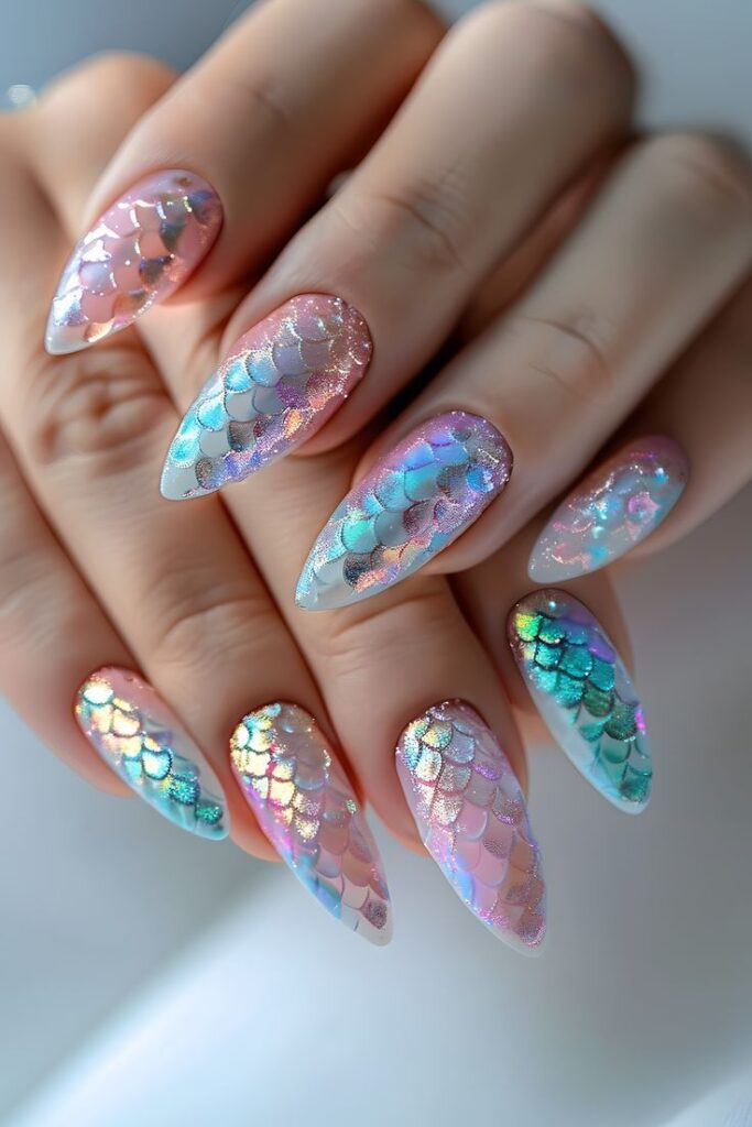 Mermaid Color Nails with Glitter