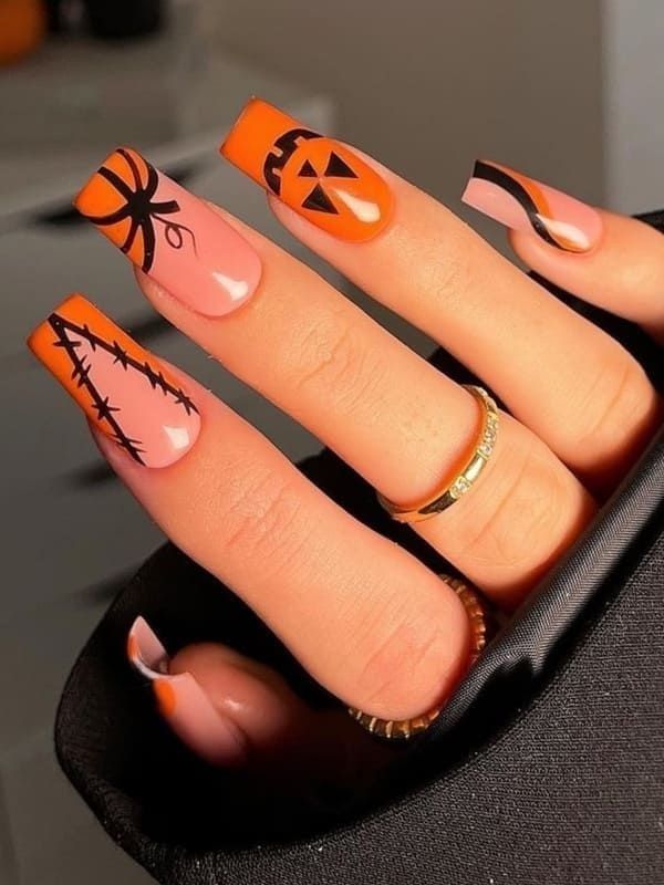 Black and Orange Pumpkin Nails