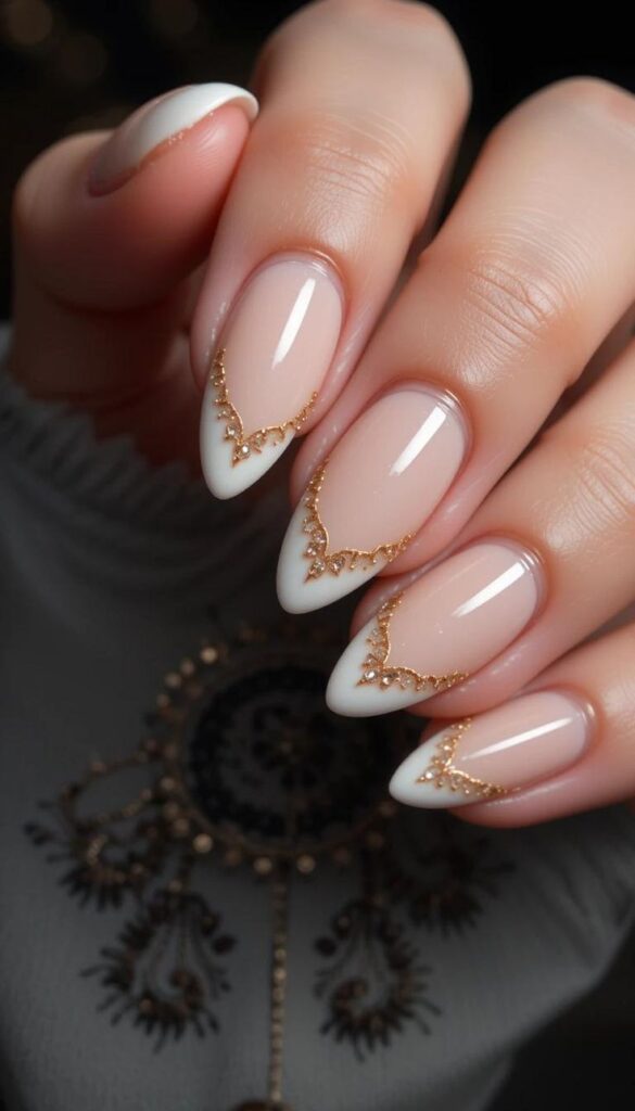 Elegant White and Gold Wedding Nails