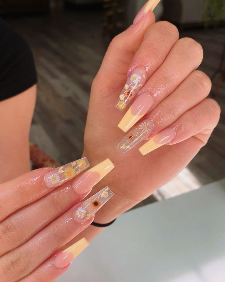 Clear Nails with Encapsulated Sunflowers