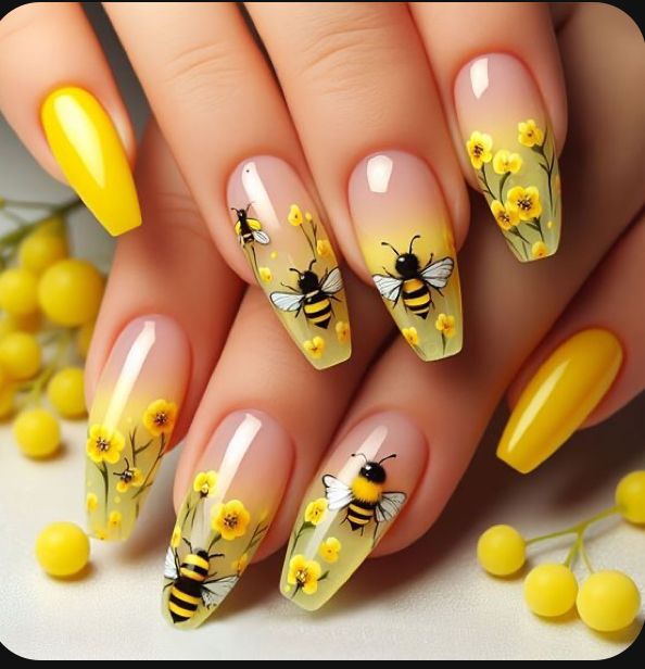 Sunflower and Bee Nail Art