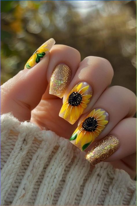 Glitter Sunflower Nails