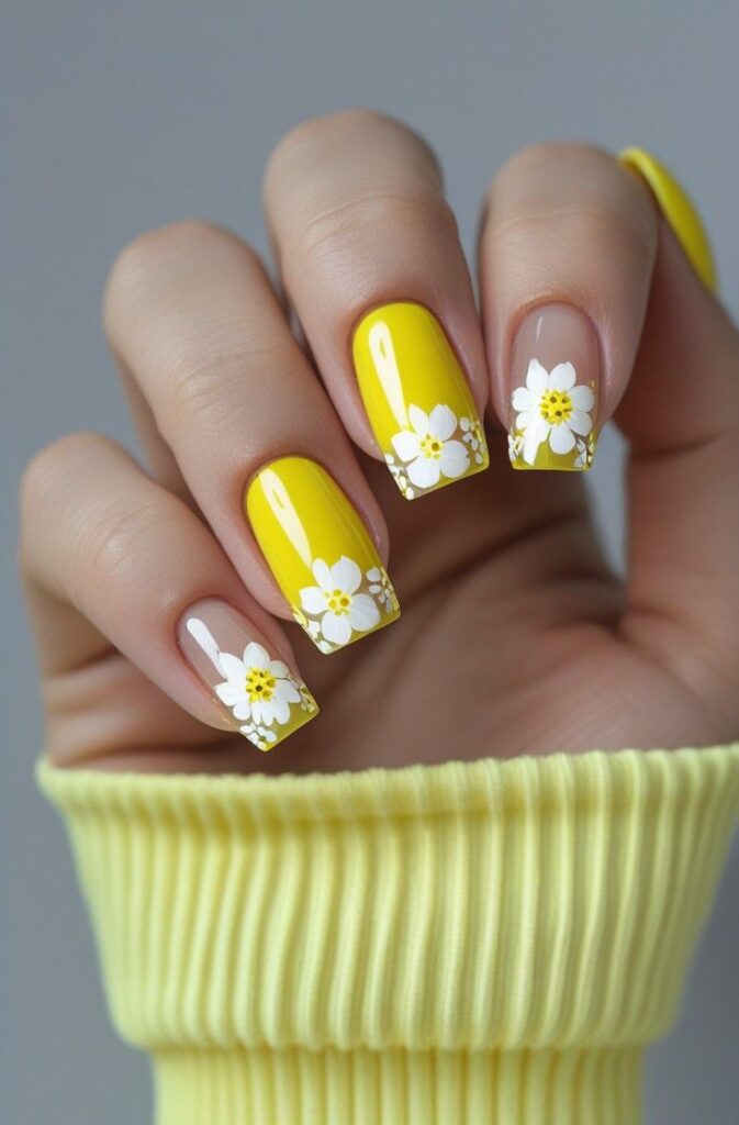 Blue and Yellow Floral Nails