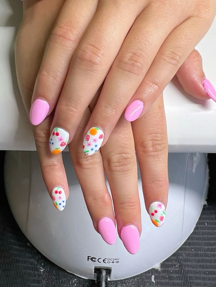 Hot Pink Nails with Tropical Fruit Designs